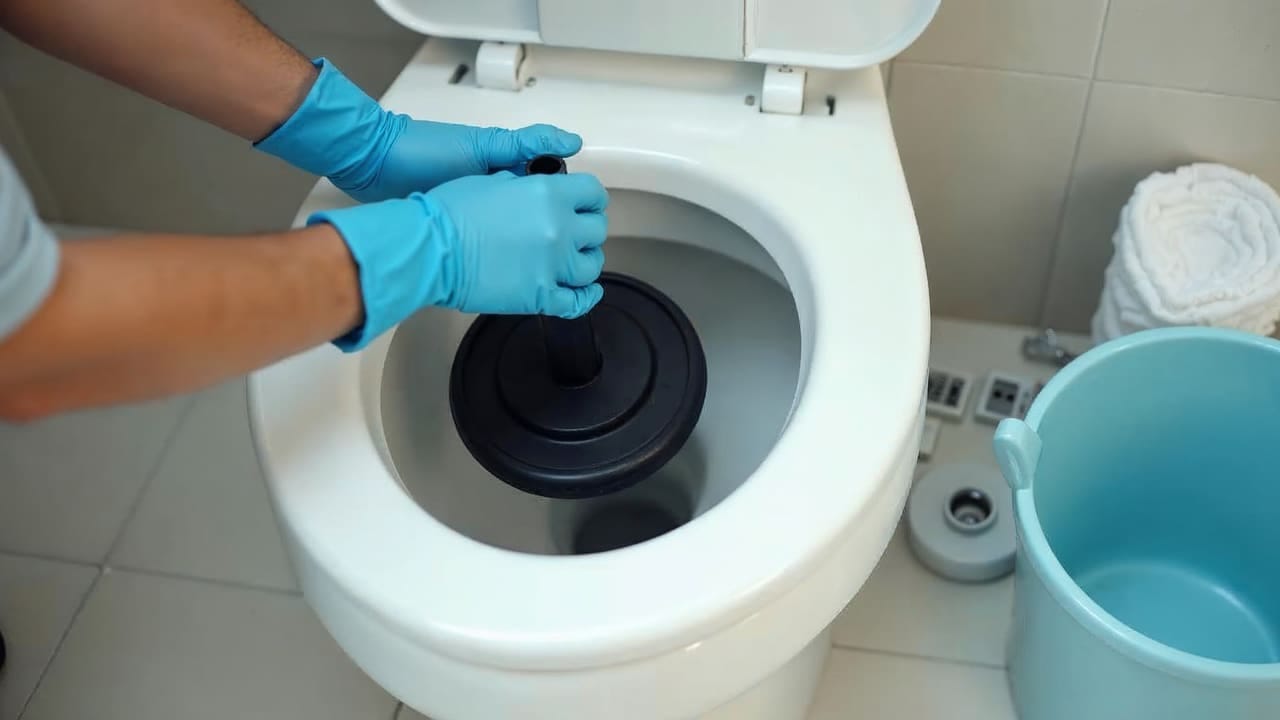 Mãos com luvas posicionando um desentupidor de borracha em um vaso sanitário branco