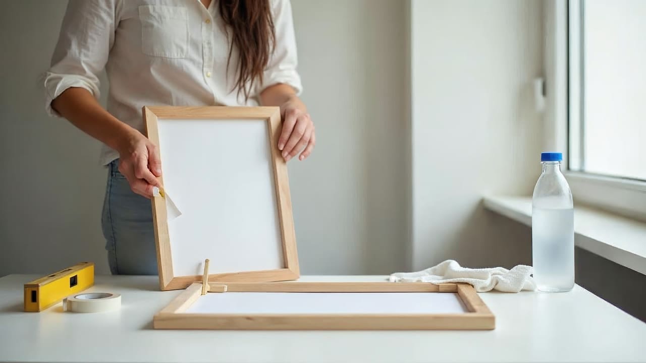 Mãos instalando tiras adesivas no verso de uma moldura ao lado de nível, fita crepe e pano sobre uma mesa