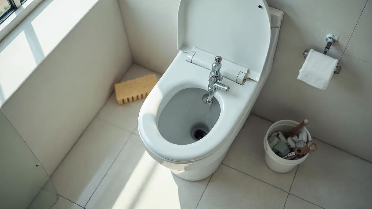 Caixa acoplada aberta com mecanismos de entrada e saída expostos ao lado de ferramentas sobre o piso do banheiro